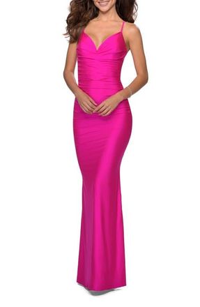 La Femme Neon Dress with Ruching and Strappy Back in Neon Pink at Nordstrom, Size 00