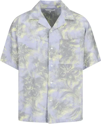Maison Kitsun&eacute; Azure Floral Print Cotton Camp Shirt