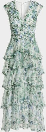 Mac Duggal Floral Mesh Ruffled V-Neck Maxi Dress