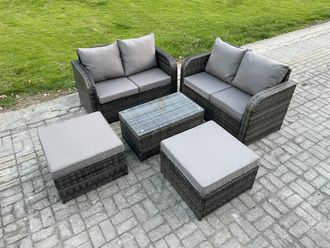 Fimous Rattan Garden Furniture Set 6 Seater Patio Outdoor Lounge Sofa Set with Rectangular Coffee Table 2 Big Footstool in Dark Grey