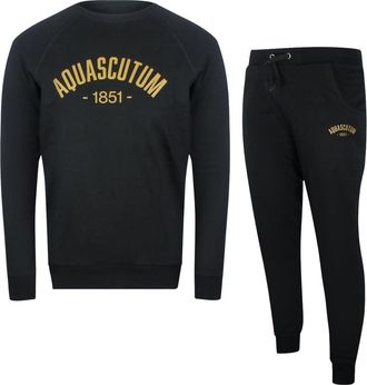 Aquascutum Mens Old School Crewneck Black Tracksuit Pants Set Cotton - Size X-Large