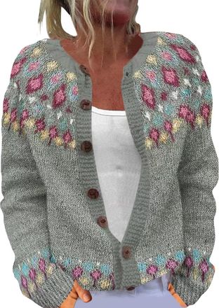 Generic Cardigan Womens Chunky Knit Button Down Sweater Cardigans Plush Art Floral Print Vintage Fair Isle Jumpers Jackets Ladies Plus Size Going Out Outerwea