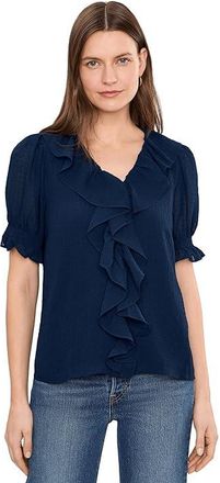 CeCe by Cynthia Steffe Ruffled Pintuck Elbow Sleeve Top Womens Clothing Classic Navy : 2XL, Polyester/Spandex