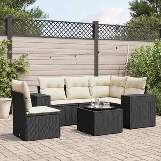 vidaXL Vidaxl - Set De Sof&aacute;s De Jard&iacute;n 6 Piezas Y Cojines Rat&aacute;n Sint&eacute;tico Negro