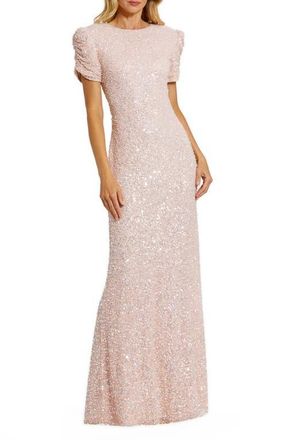Mac Duggal Womens Embellished Mesh High Neck Puff Sleeve Gown in Blush at Nordstrom, Size 14