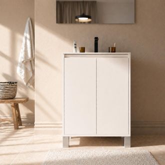 Aurlane Pack Mueble De Ba&ntilde;o 50cm Blanco Lacado 2 Puertas Con Lavabo De Cer&aacute;mica