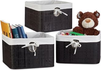 Relaxdays Set of 3 Relaxdays Storage Basket, Fabric Lining, Bamboo, Rectangular, Bathroom, Accessories, HxWxD: 20x31x31 cm Black
