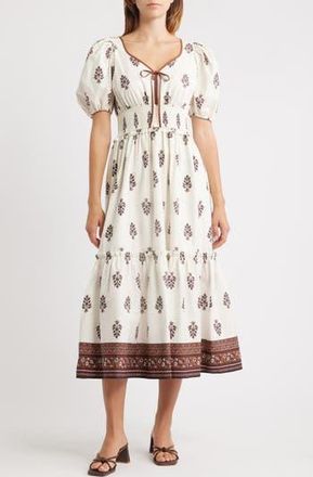 Moon River Smocked Puff Sleeve Maxi Dress in Cream Multi at Nordstrom Rack, Size Medium