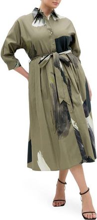 City Chic Angel Brushstroke Belted Cotton Shirtdress in Khaki Muse at Nordstrom, Size Xxs