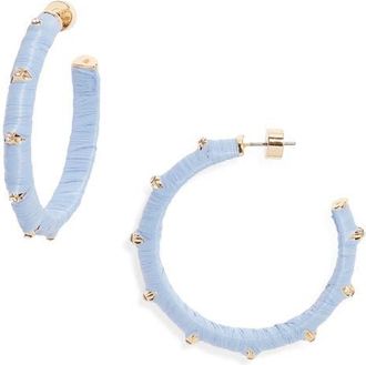Nordstrom Crystal Accent Raffia Wrapped Hoop Earrings in Light Blue- Clear- Gold at Nordstrom