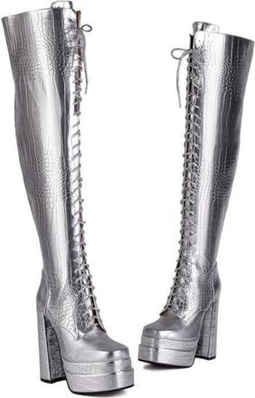 Generic Fashion Womens Gold Snake Print Over-The-Knee Boots, Chunky Block Heel & Square Toe, Side Zipper Winter Thigh High Boots for Women(Silver,5.5 UK)