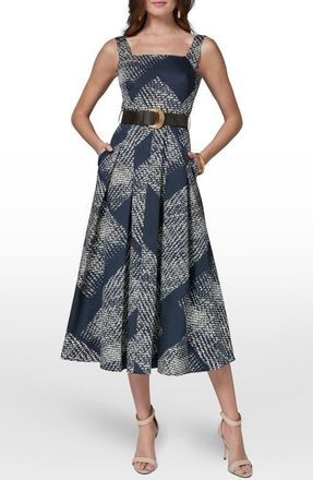 DKNY Abstract Print Belted Stretch Cotton Dress in Nightfall/Cream at Nordstrom, Size 16