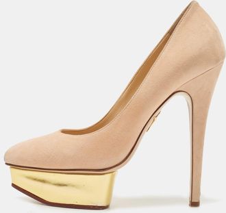 Charlotte Olympia Beige Suede Dolly Platform Pumps