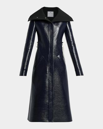 Courr&egrave;ges High-Collar Shiny Vinyl Long Trench Coat