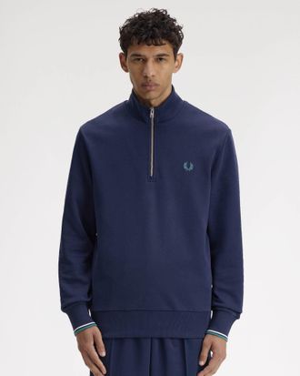 Fred Perry Mens Half Zip Sweatshirt in Dark Blue Cotton - Size X-Large