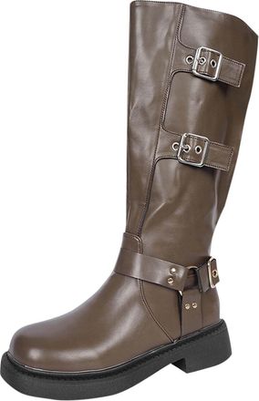 Generic Knee Boots for Women Slouchy Motorcycle Riding Boots with Buckle Ladies Chunky Block Low Heel Round Toe Wide Mid Calf Booties Pull on Side Zipper Casu