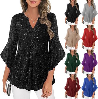 Generic KUIH Womens Sparkly Blouses Ruffle 3/4 Sleeve Tunic Tops Loose Flowy Chiffon Ladies Glitter Blouses V Neck Pleated Tunic Blouse Loose Fit Ladies Top F