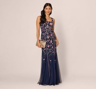Adrianna Papell Sleeveless Square Neck Floral Beaded Godet Gown In Navy Pink Multi