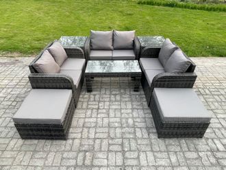 Fimous Outdoor Garden Furniture Sets 8 Seater Wicker Rattan Furniture Sofa Sets with Rectangular Coffee Table Love seat Sofa 2 Big Footstool