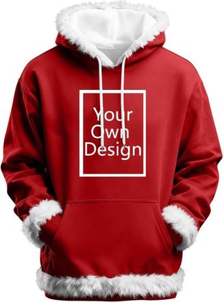 Generic Customizable Mens Christmas Photo Hoodie with Pockets - Long Sleeve Print Pullover, Red Plush-Lined with White Fur Trim, Personalized with Photo Uploa