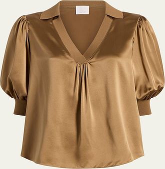 Cinq &agrave; Sept Weldon Collared V-Neck Short-Sleeve Silk Combo Top