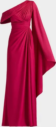 Tadashi Shoji Pleated One-Shoulder Cape Gown