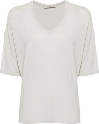 Le Tricot Perugia Grijze V-hals Drop-Schouder T-shirt - Dames - T-shirts - Grijs - S - Tops