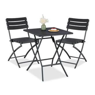 Relaxdays Relaxdays - Juego Muebles De Balc&oacute;n, Conjunto Mesa Y 2 Sillas De Jard&iacute;n, Plegable, Efecto Madera, Acero Y Pl&aacute;stico, Negro