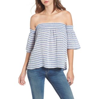 Rails Isabelle Off the Shoulder Linen Blend Top in Mykonos Stripe at Nordstrom Rack, Size Small