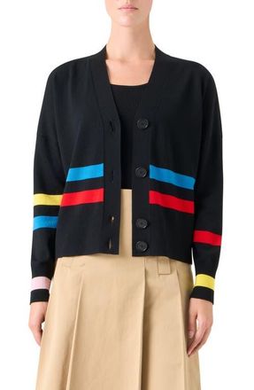 Akris Stripe Virgin Wool Cardigan in Black-Multicolor at Nordstrom, Size 14