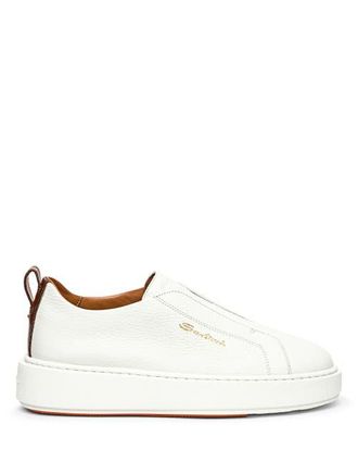 Santoni Tumbled Leather Slip-On Sneaker in White at Nordstrom, Size 9.5