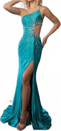 Rachel Allan Beaded One Shoulder Slit Gown In Jade