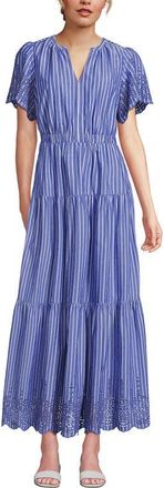 Lands End Tiered Cotton Poplin Embroidered Maxi Dress in Sapphire Gem Stripe Eyelet at Nordstrom, Size X-Small P