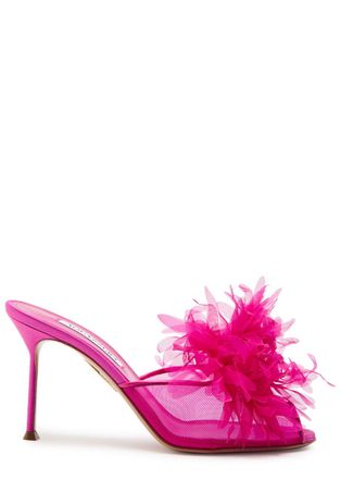 Aquazzura Aquazzura Poeme 85 Appliqu&eacute;d Mesh and Satin Peep-toe Mules - Pink - 39 (IT39 / UK6)