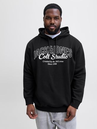 Jack & Jones Plus Size Kapuzensweatshirt JJMAKOTO SWEAT HOOD PLS, Herren, Gr. 5XL, schwarz (schwarz print:big print), angeraute Sweatware, Obermaterial: 60% Baumwolle, 40% P