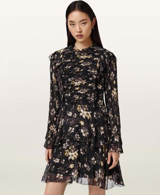 AllSaints Polyester Portia Floral Midi Dress, Size: UK 14/US 10