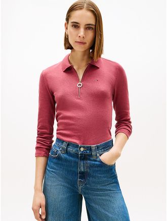 Tommy Hilfiger Womens Long-Sleeve Zip Slim Fit Polo - Pink - XXL