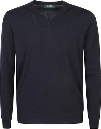Zanone Stijlvolle Gebreide Kleding voor Mannen - Heren - V-hals truien - Blauw - 2XL - Truien & Vesten