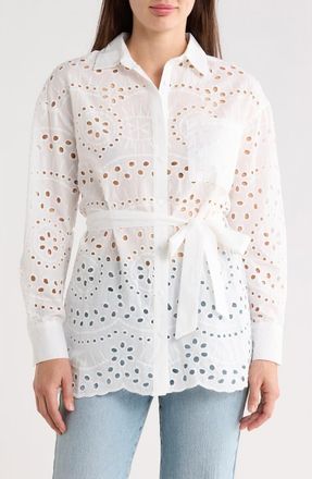 Forgotten Grace Eyelet Tie Waist Tunic Shirt in White at Nordstrom Rack, Size X-Large