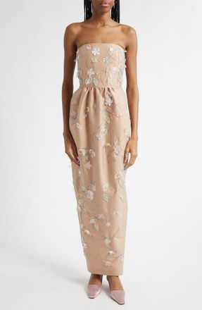 Bernadette Lena Beaded Appliqu&eacute; Strapless Dress in Clematis Embroidery On Beige at Nordstrom, Size 6 Us