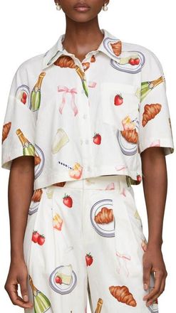 Avec Les Filles Party Print Crop Button-Up Shirt in Ivory Tabletop Print at Nordstrom, Size Small