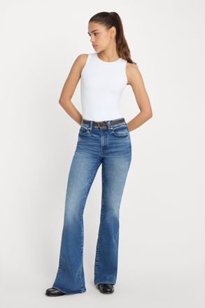 Good American Womens Always Fits Good Legs Flare Jeans | Extra Stretch, Flat Tummy Tech, Gap-Proof Waistband | Indigo, Size 14-18 Plus | Good