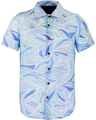 Lords of Harlech Simple Leaves Short Sleeve Fine Linen Shirt in Simple Leaves Blue at Nordstrom, Size Xx-Large