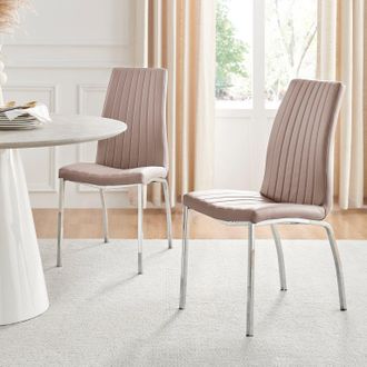 Furniturebox Set of 2 Isco Deep Cushioned Soft Touch Faux Leather Dining Chairs With Silver Chrome Metal Legs in Beige