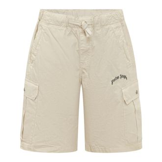 Palm Angels Korte Broeken, Heren, Wit, L, Katoen, Curved Logo Loose Cargo Shorts