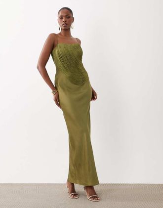 Asos Vestito lungo a fascia drappeggiato con frange sovrapposte verde oliva