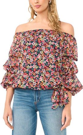 Vince Camuto Floral Print Metallic Off the Shoulder Top in Classic Navy at Nordstrom, Size X-Large