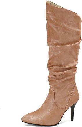 Generic Womens Stiletto High Heel Pumps Pointed Toe Wide Calf Pull On Slouch Knee High Boots Wedding Party Dress Shoes (5.5,Pink)