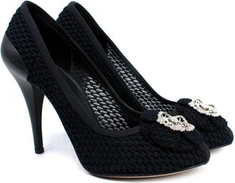 Chanel Black Crochet Floral Applique Heels Size 37.5