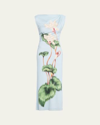 Oscar De La Renta Chinese Cyclamen-Print Draped Jersey Maxi Dress